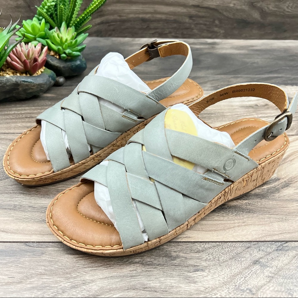 NIB Born Laila Strappy Slingback Wedge Leather Sandal Light Blue 8M 39 - Picture 8 of 13